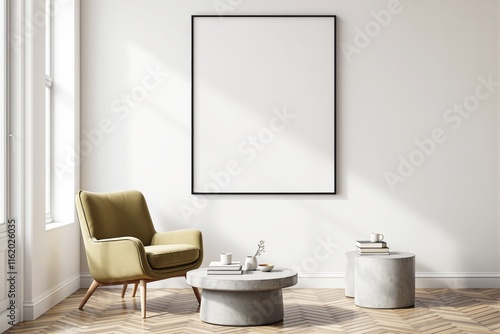 Wallpaper Mural Blank poster frame on wall in modern living room, green chair, concrete table, wooden floor, light background, concept of interior design space. Ai generative Torontodigital.ca