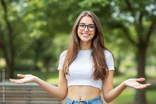 Smiling young woman with glasses and casual attire outdoors, vibrant natural background, concept of happiness and confidence. Ai generative photo