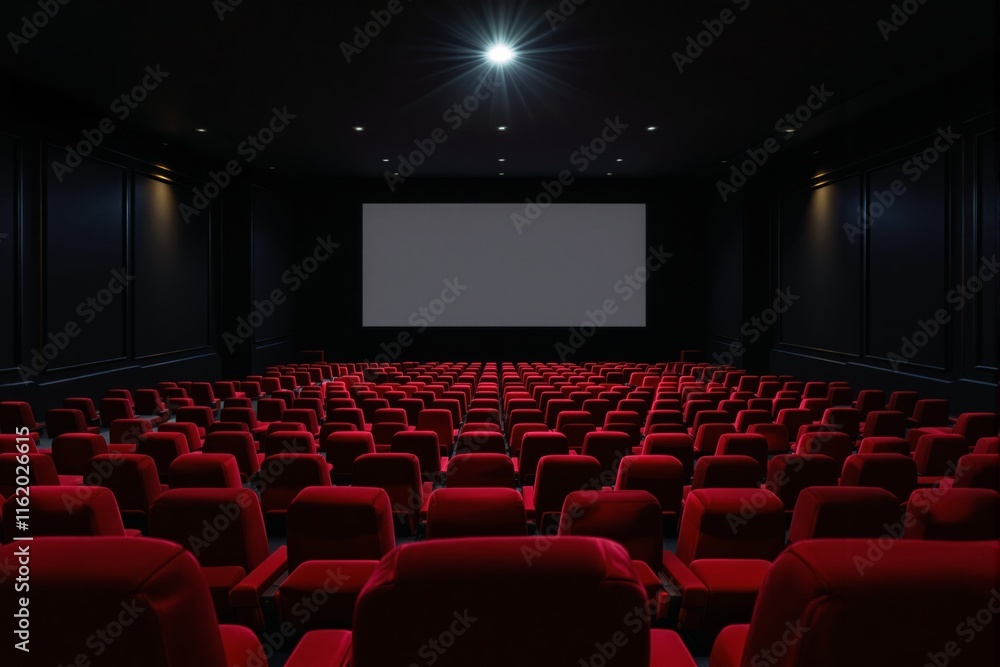 Fototapeta premium Empty cinema hall with rows of red seats, dark interior, and a blank screen. Concept of movie theater ambience and entertainment space. Ai generative
