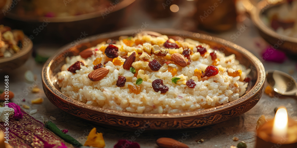 Traditional Makara Sankranti dish, a plate of sweet rice pudding, garnished with nuts and dried fruits