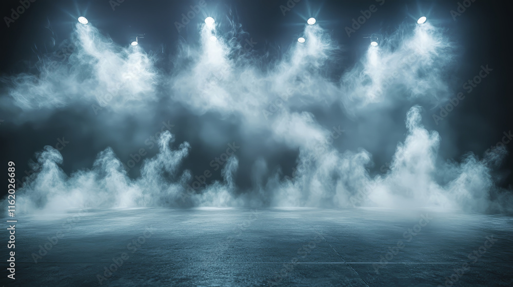 Fototapeta premium Volumetric smoke spreading across a dark stage, illuminated by spotlights
