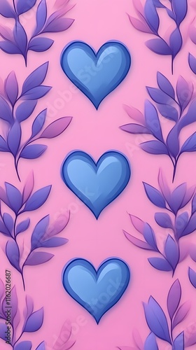 Three blue hearts vertically aligned on pink background with purple leaves. photo