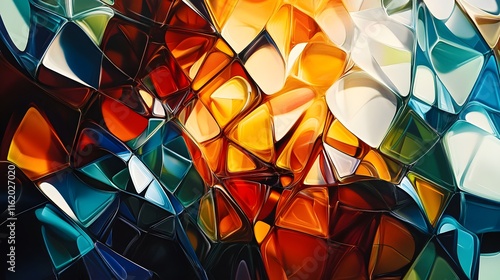 Shattered patterns of geometric shapes merging into a fluid and cohesive whole