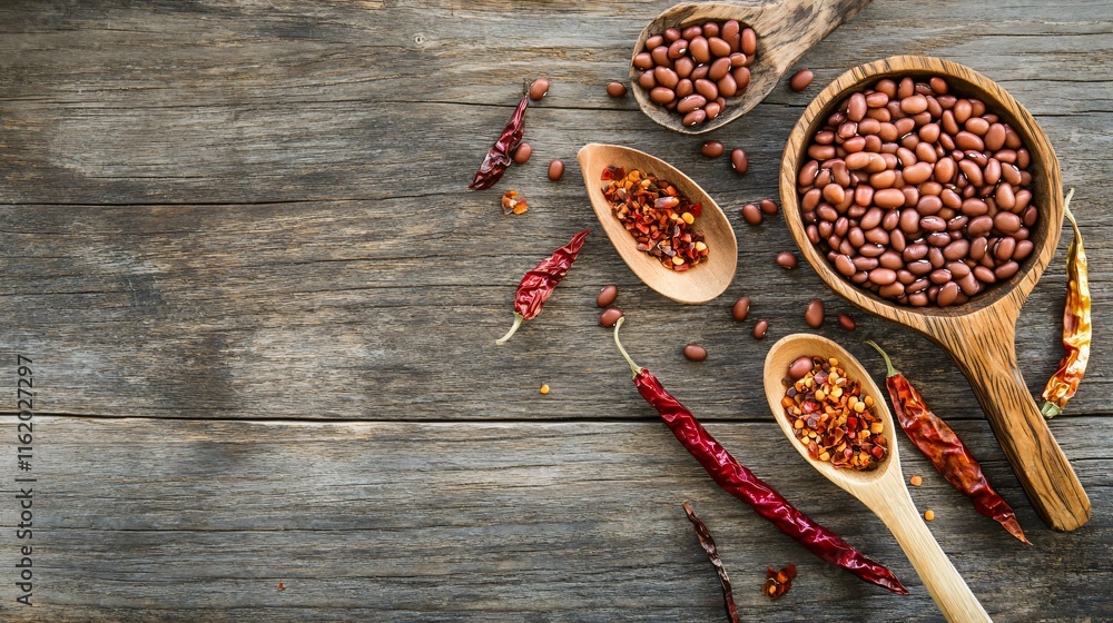 A rustic flat lay of pinto beans, dried chili peppers, and wooden spoons on a weathered wooden surface A rustic flat lay of pinto beans, dried chili peppers, and wooden spoons on a weathered wooden surface