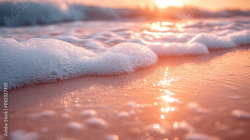 Sunrise ocean wave foam on sandy beach.