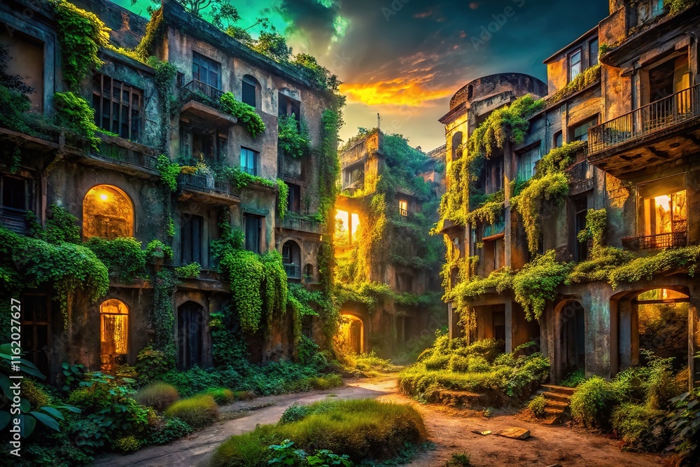 Fototapeta premium Abandoned urban landscapes, echoing mysteries in decaying structures.