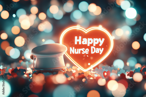 A 3D illustration of a nurse cap resting on a heart-shaped symbol, surrounded by confetti and a glowing 