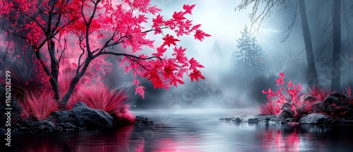 Enchanting Pink Tree by Misty Lake Surreal Nature Scene