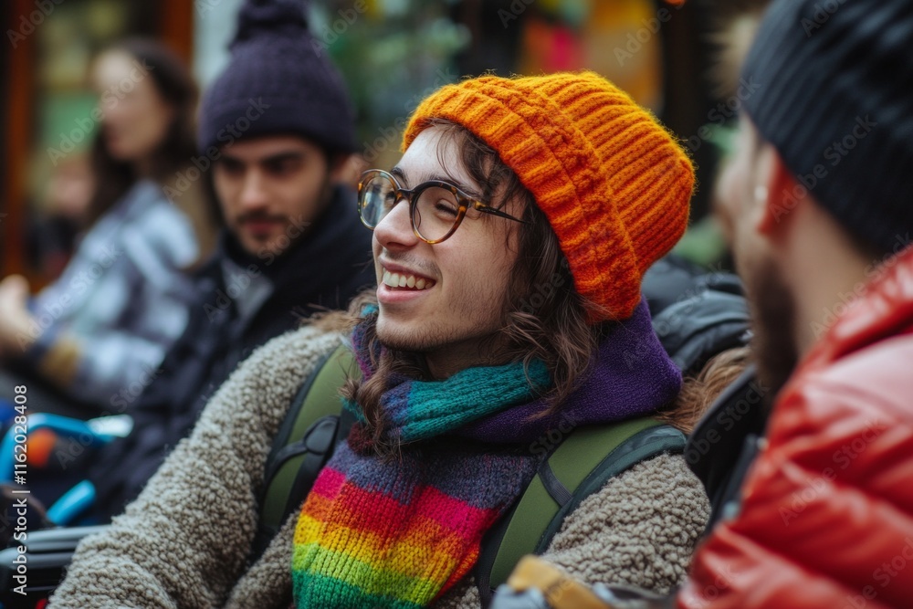 A warm smile embraces the winter vibe. Friends gather to share laughter and cozy fashion. Bright colors and warm hats create a cheerful atmosphere. Generative AI A warm smile embraces the winter vibe. Friends gather to share laughter and cozy fashion. Bright colors and warm hats create a cheerful atmosphere. Generative AI