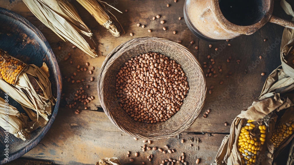 Dried pinto beans in a woven basket, surrounded by rustic kitchen decor and scattered corn husks Dried pinto beans in a woven basket, surrounded by rustic kitchen decor and scattered corn husks