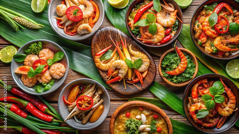 Fototapeta premium Aerial Thai shrimp dishes, showcasing exquisite seafood, restaurant menu.