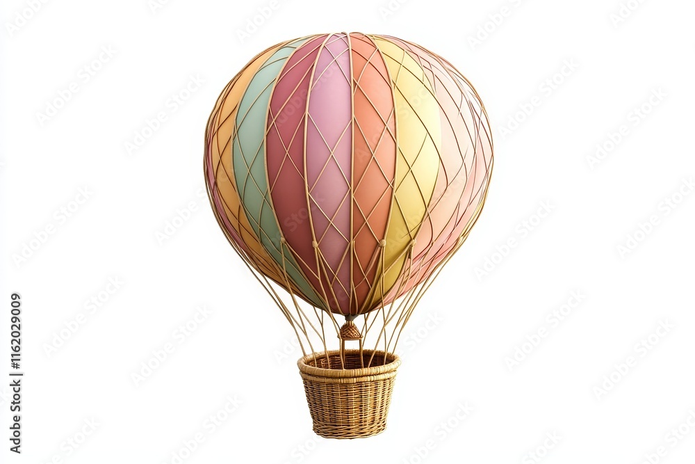 Obraz premium Pastel-colored hot air balloon with wicker basket isolated on white.