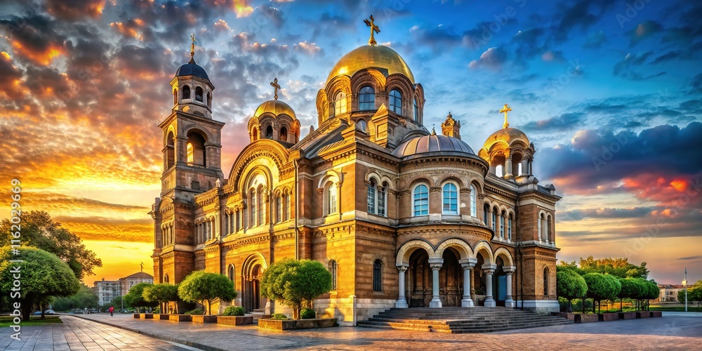 Fototapeta premium AI-enhanced deep-field shot of Burgas Cathedral, Bulgaria; featuring St. Cyril & Methodius.