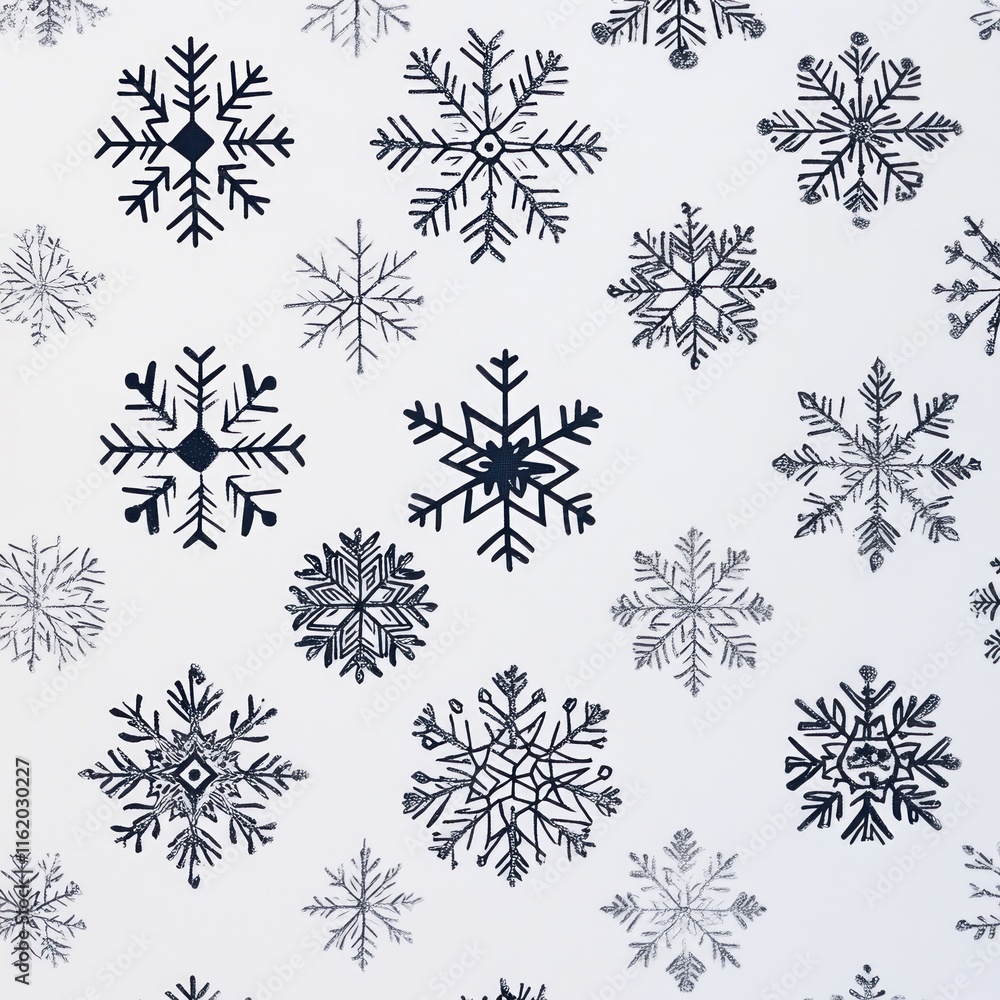 Fototapeta premium Seamless pattern of dark blue snowflakes on a light background.