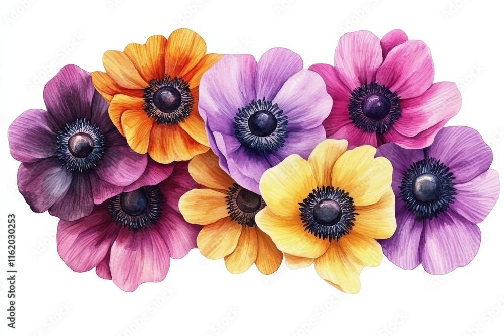 Fototapeta premium Colorful anemone flowers bouquet isolated on white.