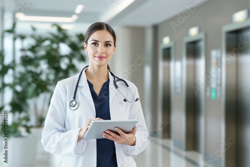 Female doctor smiling, holding a tablet, wearing a white lab coat, standing in a hospital hallway with elevators and greenery. Concept of healthcare. Ai generative. photo