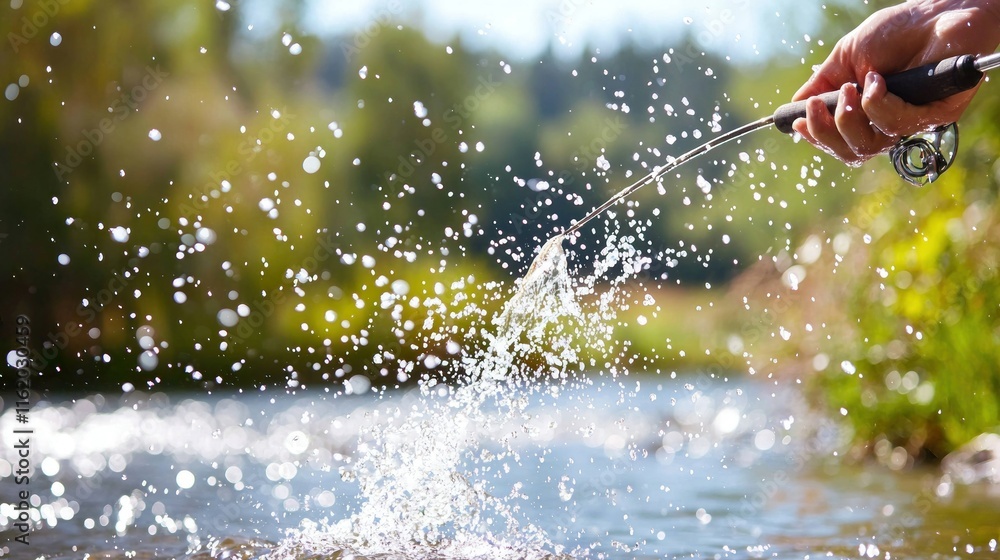 Fototapeta premium Close-up of hand holding fishing rod, splashing water in a river.