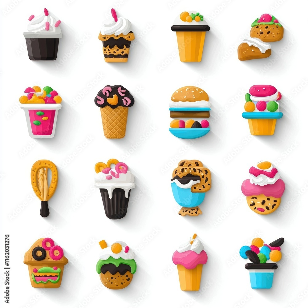 Collection of colorful flat lay food icons cupcakes, burgers, cookies, ice cream, and more. Collection of colorful flat lay food icons cupcakes, burgers, cookies, ice cream, and more.