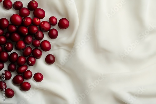 Cranberries scattered on white fabric background. photo