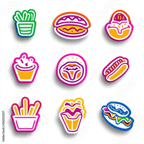 Colorful cartoon fast food icons burger, hotdog, fries, onion rings. photo