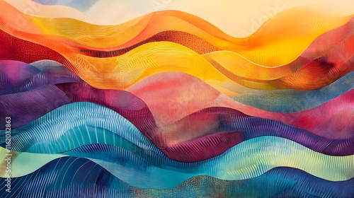 Jagged linear patterns layered on a soft gradient backdrop with vivid colors to create visual depth
