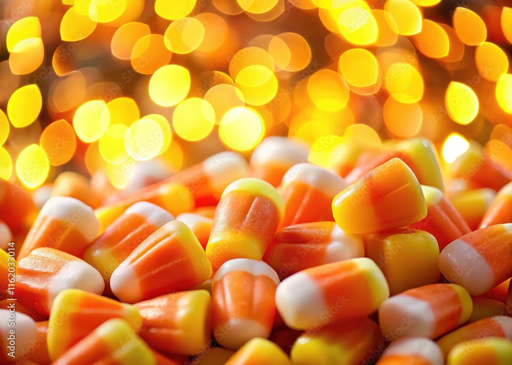 Close-up of Halloween candy corn, bokeh effect. A spooky treat. Close-up of Halloween candy corn, bokeh effect. A spooky treat.