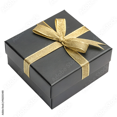 Dark gray gift box, gold ribbon, shiny. isolated on a transparent background photo