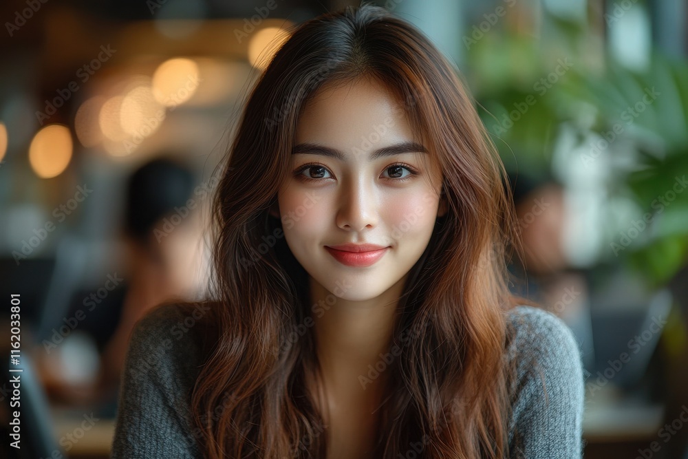 A woman with long brown hair and a big smile is sitting at a table. Generative AI A woman with long brown hair and a big smile is sitting at a table. Generative AI