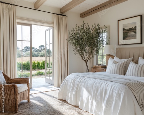 Luxurious bedroom with French doors, olive tree, and natural light.