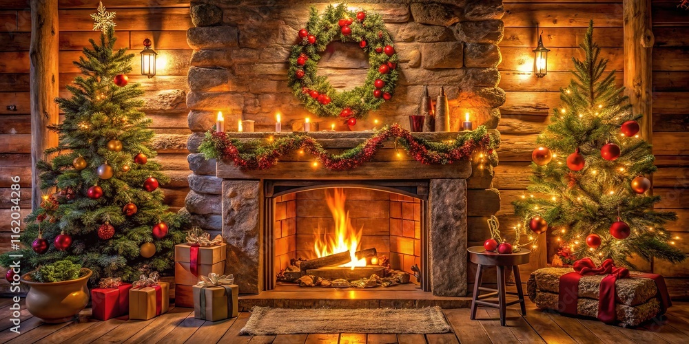 Fototapeta premium Cozy Christmas cabin, crackling fire, snowy scene.