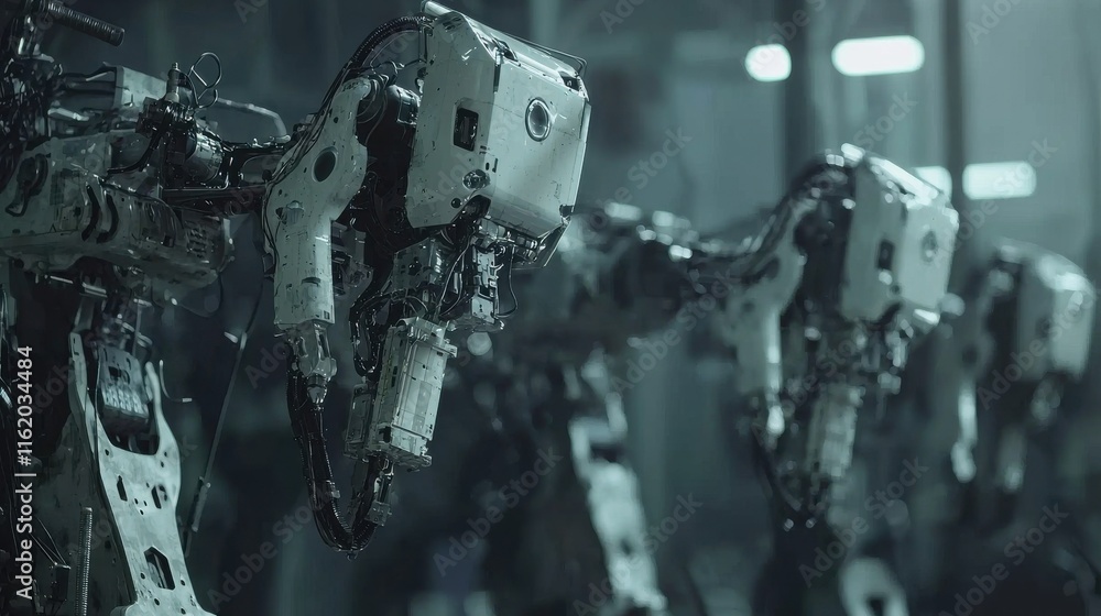 Fototapeta premium A close-up view of robotic arms in a dimly lit industrial setting, showcasing advanced technology and mechanical design.