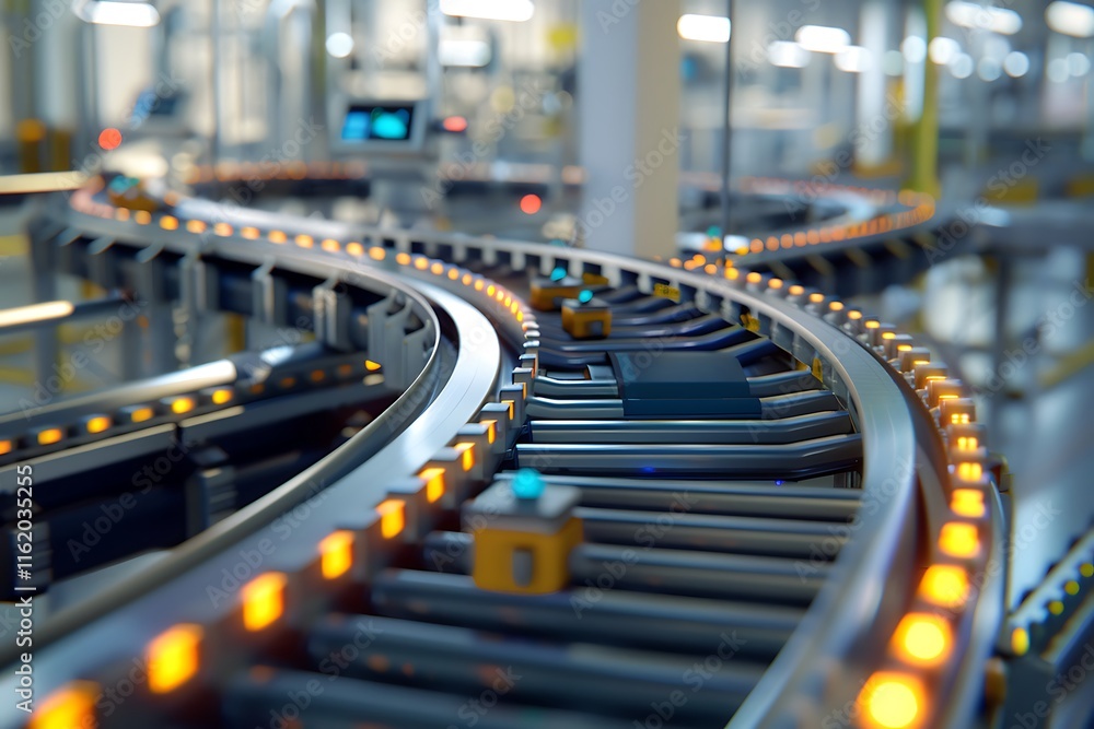 Closeup of a curved automated conveyor belt system in a modern factory. Illuminated sensors and moving parts showcase efficient industrial production. Closeup of a curved automated conveyor belt system in a modern factory. Illuminated sensors and moving parts showcase efficient industrial production.