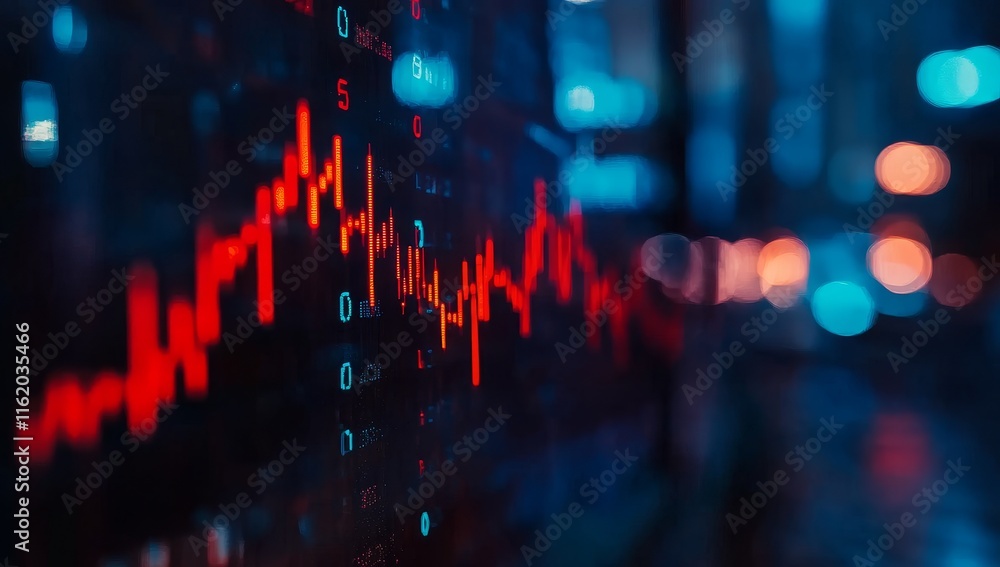 Stock market data displayed on a screen at night. Stock market data displayed on a screen at night.