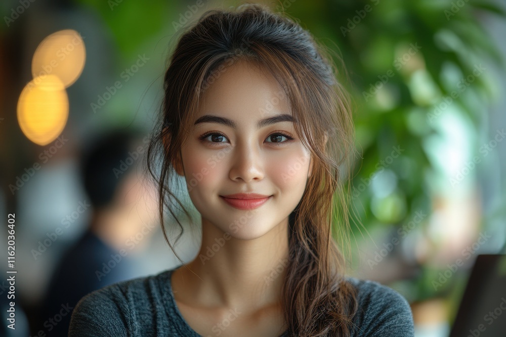 A woman with long brown hair and a black shirt is smiling at the camera. Generative AI A woman with long brown hair and a black shirt is smiling at the camera. Generative AI