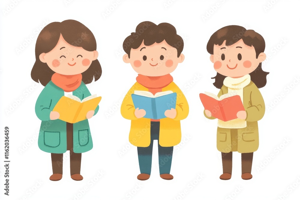 Happy Readers: Three cheerful children, each with a different colored book, are engrossed in their stories, radiating joy and the love of reading. Happy Readers: Three cheerful children, each with a different colored book, are engrossed in their stories, radiating joy and the love of reading.