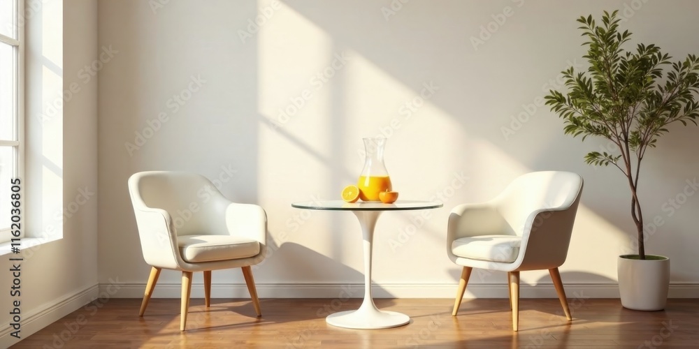 Obraz premium Serene Minimalist Interior Design Featuring Modern Armchairs and Glass Table with Citrus Fruits