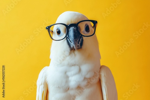 Cockatoo with Glasses:  A white cockatoo with black glasses on a yellow background, looking directly at the camera, conveying a sense of intelligence and curiosity.  