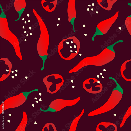 Seamless pattern with hand drawn red chili pepper on brown background. Design for fabric, kitchen decor, wallpaper packaging paper.