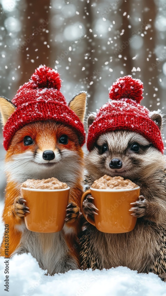 Cute fox and raccoon in red hats enjoying hot cocoa in snowy woods. Cute fox and raccoon in red hats enjoying hot cocoa in snowy woods.