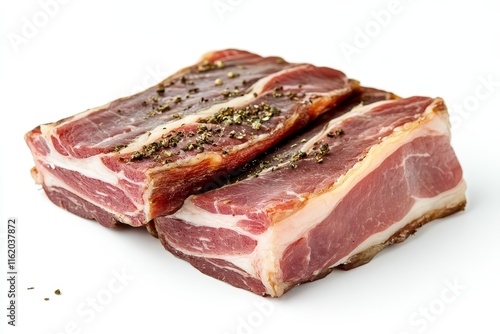 Two seasoned, cured pork belly slices isolated on white.