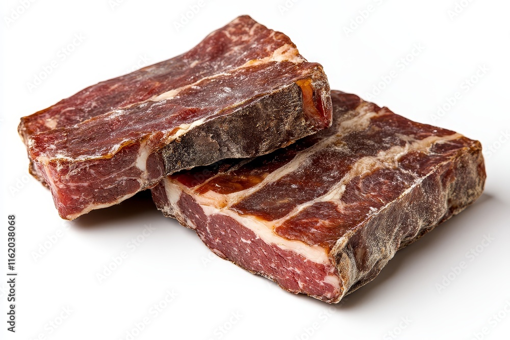 Two pieces of cured, dried meat stacked on white background. Two pieces of cured, dried meat stacked on white background.