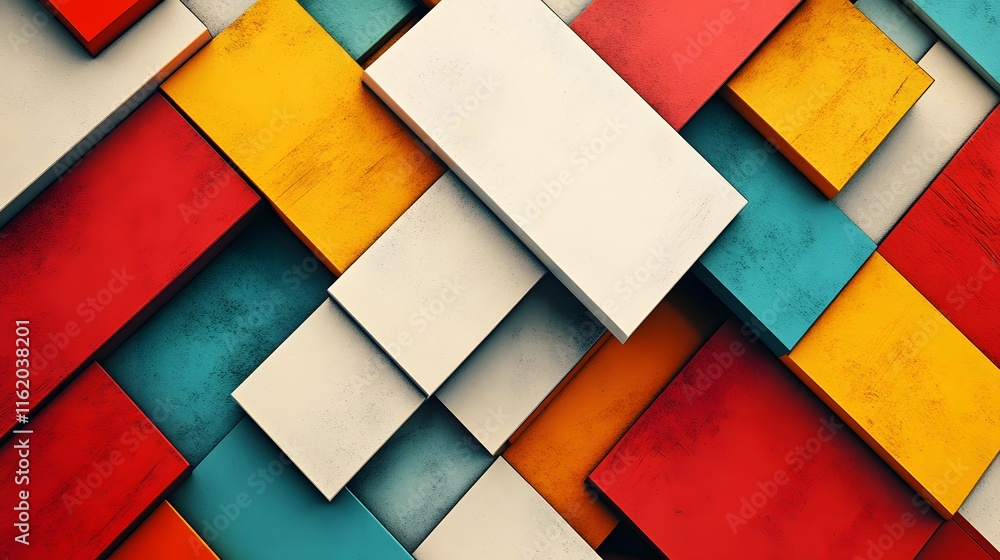 Fototapeta premium Overlapping rectangles in primary colors arranged in intricate layers