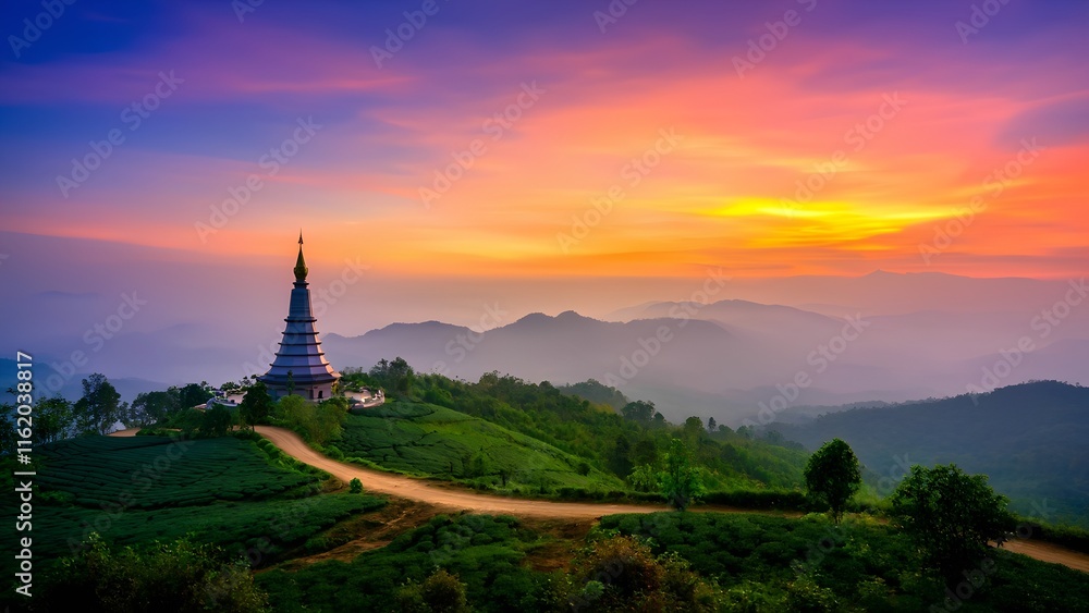 Breathtaking and Stunning Sunrise Over a Serene Mountain Pagoda Creates an Idyllic Scene Breathtaking and Stunning Sunrise Over a Serene Mountain Pagoda Creates an Idyllic Scene