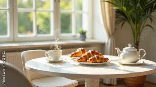 Wallpaper Mural A sunny morning breakfast featuring a steaming cup of coffee and freshly baked croissants on a white table Torontodigital.ca