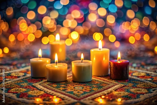 Long exposure, atmospheric candles on a textured rug. photo