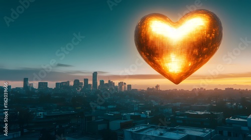 Surreal Scene of a Giant Glowing Heart Floating Over the City