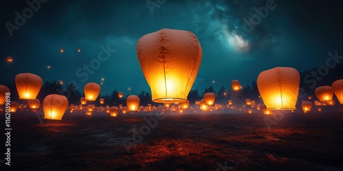 Glowing Sky Lanterns Night Field Magical Scene Dark Background photo