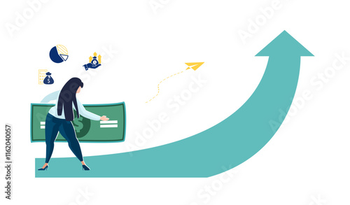 Businesswoman investor with dollar, opportunity for successful career growth. Green arrow up, financial development, icon. Business presentation. Business analytics, money, people. Vector illustration