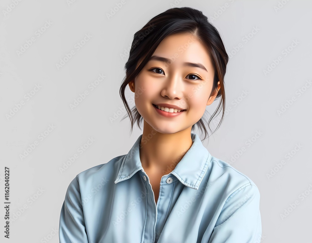 A cheerful woman with a bright smile, dressed in a denim shirt, captured in soft studio lighting on a neutral background, expressing positivity and friendliness through her warm demeanor. A cheerful woman with a bright smile, dressed in a denim shirt, captured in soft studio lighting on a neutral background, expressing positivity and friendliness through her warm demeanor.