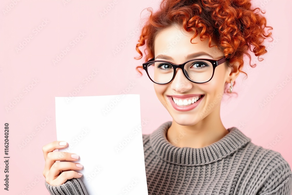 Smiling woman with glasses holding blank white paper.generative AI
Smiling woman with glasses holding blank white paper.generative AI